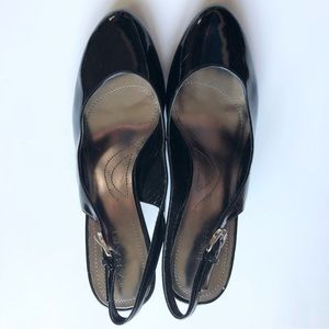 TAHARI Black patent almond-toe stilettos